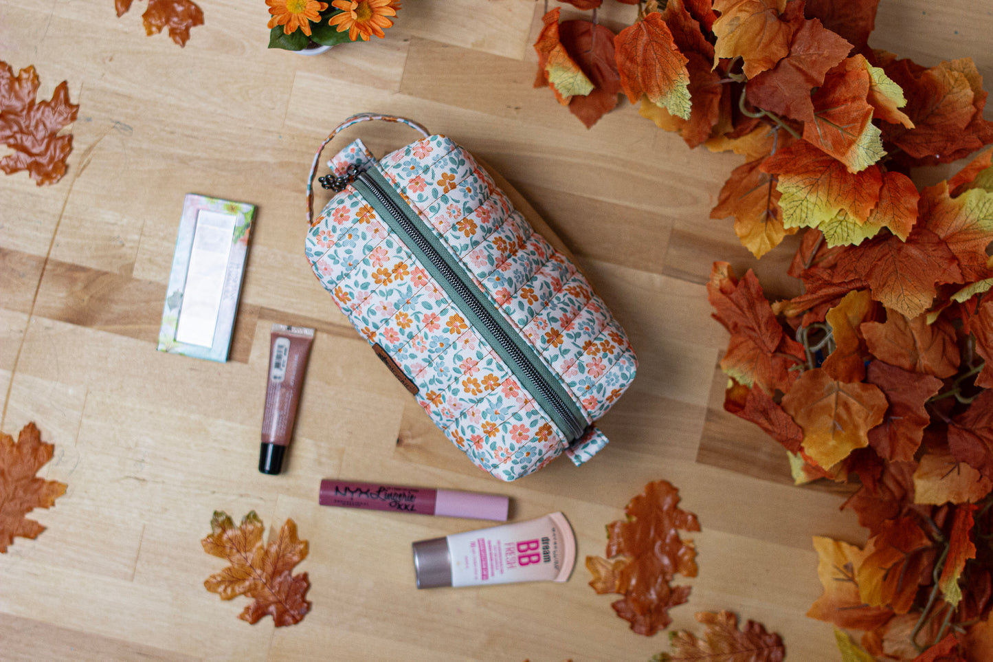 Makeup Bag Medium: Quilted Canvas/Vinyl Fall Floral